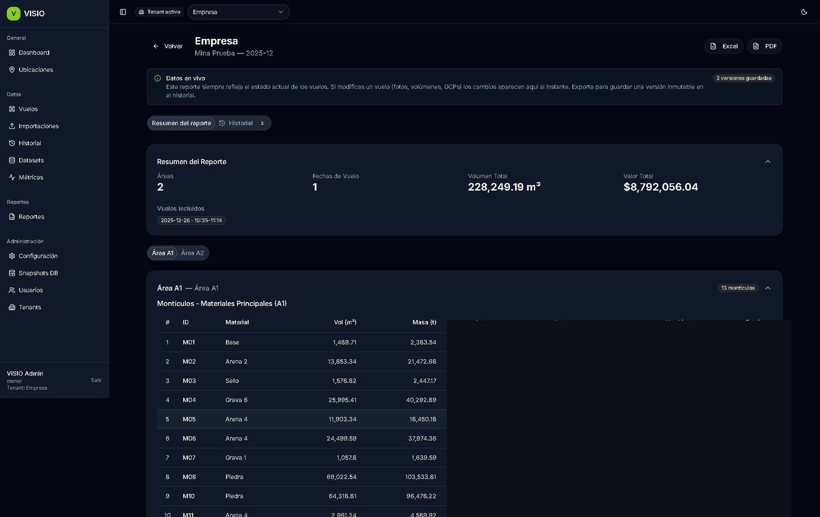 Portal Visio con reporte de inventarios en vivo